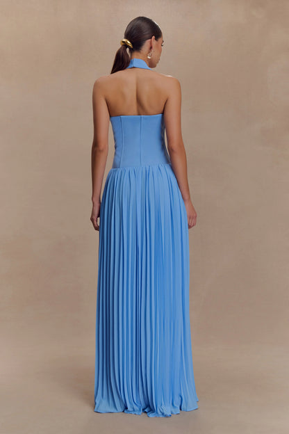 Stacie Pleated Halter Maxi Dress Bright Blue