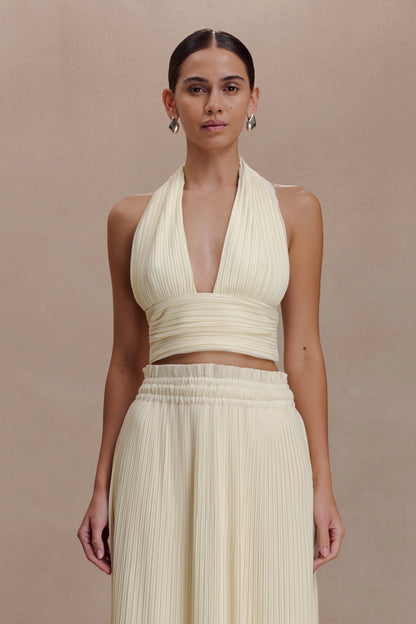 Amaris Sleeveless Plisse Halter Top Lemon