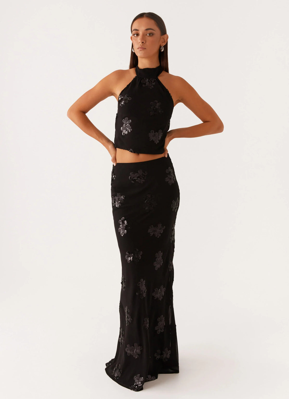 Only Girl Sequin Maxi Skirt Black