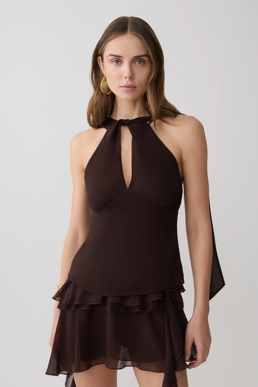 Nora Halter Chiffon Top Cacao Brown
