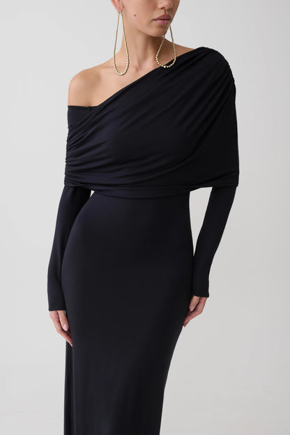 Corinna Modal One Shoulder Midi Dress Black