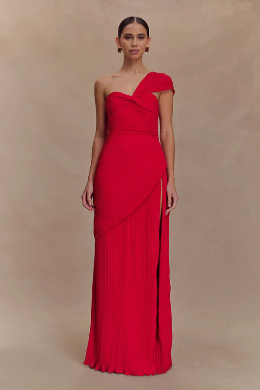Tamara Shirred Chiffon Midi Dress Red