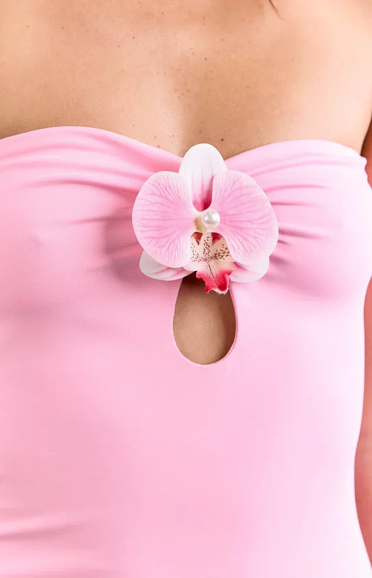 Gretta Pink Strapless Orchid Trim Mini Dress