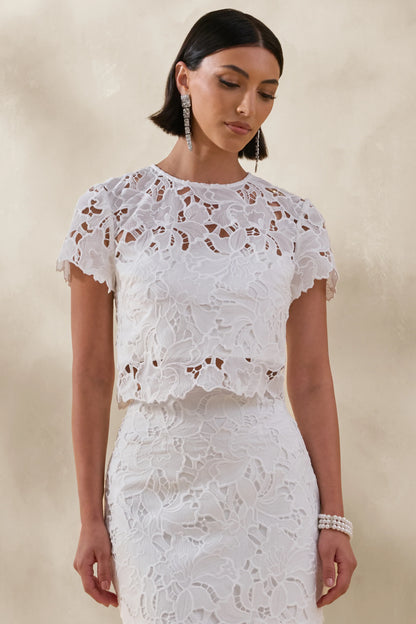 Ina White Lace Crew Neck Crop Top