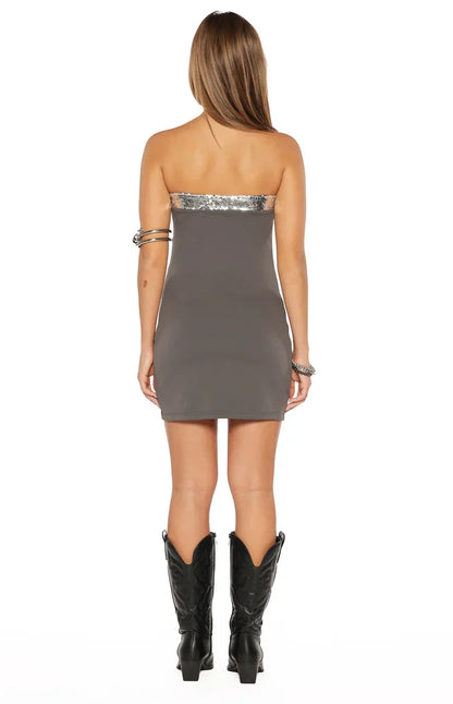 Theo Grey Cowl Neck Sequin Trim Mini Dress