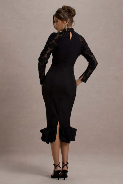 Chandra Black Mesh Long Sleeve Midi Dress With Ruffle Hem