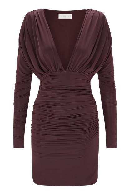 Hayden Long Sleeve Plunge Mini Dress Burgundy