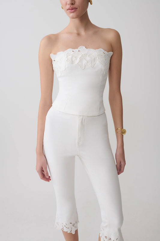 Tillie Flower Embroidery Strapless Denim Top White