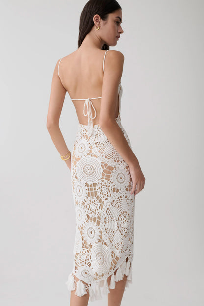 Delta Crochet Halter Midi Dress White
