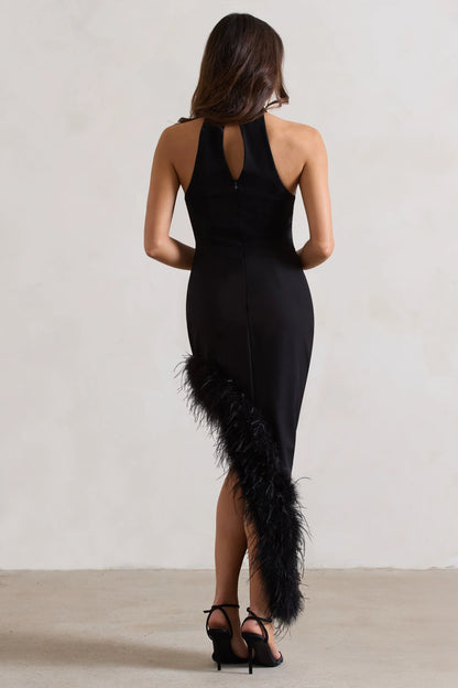 Brilliance Black Asymmetric Maxi Dress With Feather Trim
