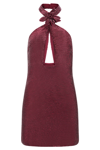 Nylah Beaded Halter Mini Dress Burgundy