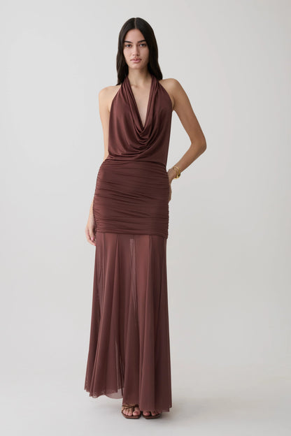 Jorja Draped Halter Slinky Maxi Dress Chocolate