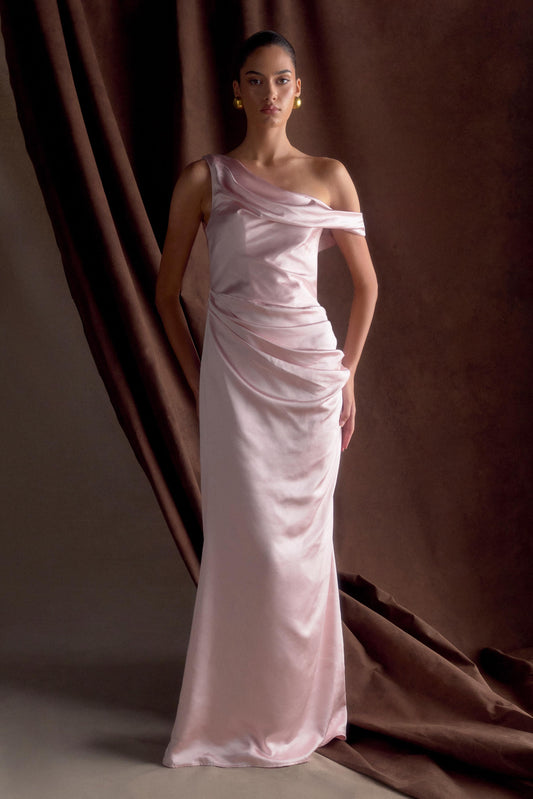 Dalia Off Shoulder Satin Maxi Dress Soft Pink
