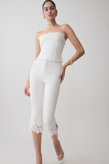 Tillie Flower Embroidery Denim Capris White