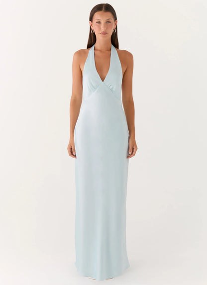 Heavy Hearted Satin Maxi Dress Ice Blue