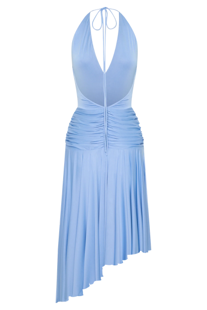 Zelda Asymmetric Slinky Midi Dress Cornflower Blue