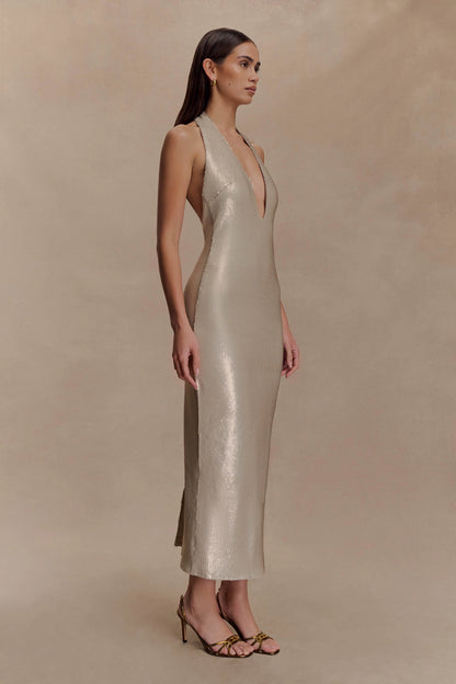 Carnation Sequin Halter Midi Dress Gold