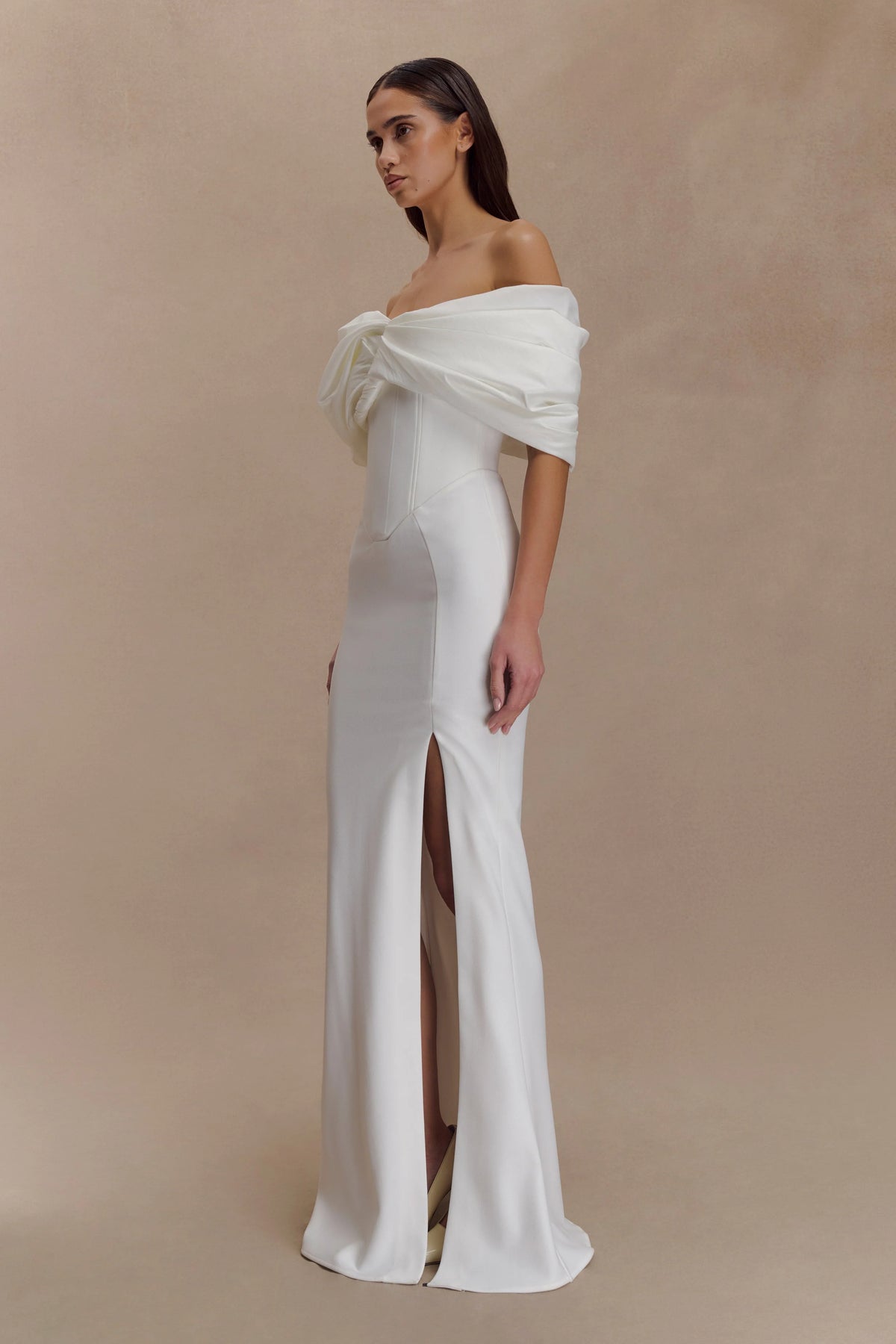Aphrodite Off Shoulder Crepe Gown Ivory