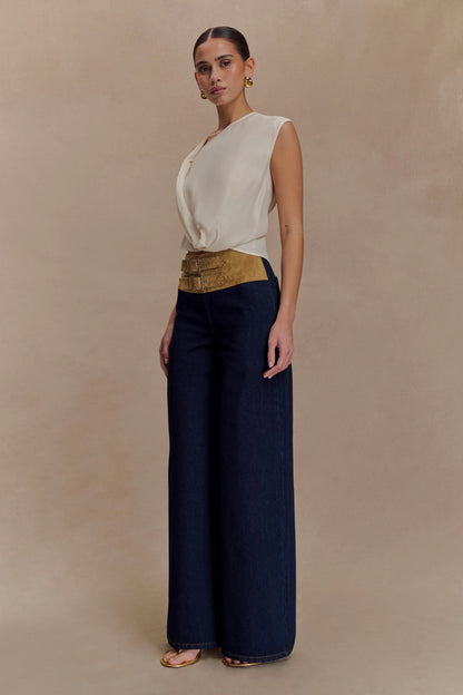 Miranda Faux Suede Belted Denim Wide Leg Jeans Indigo Blue