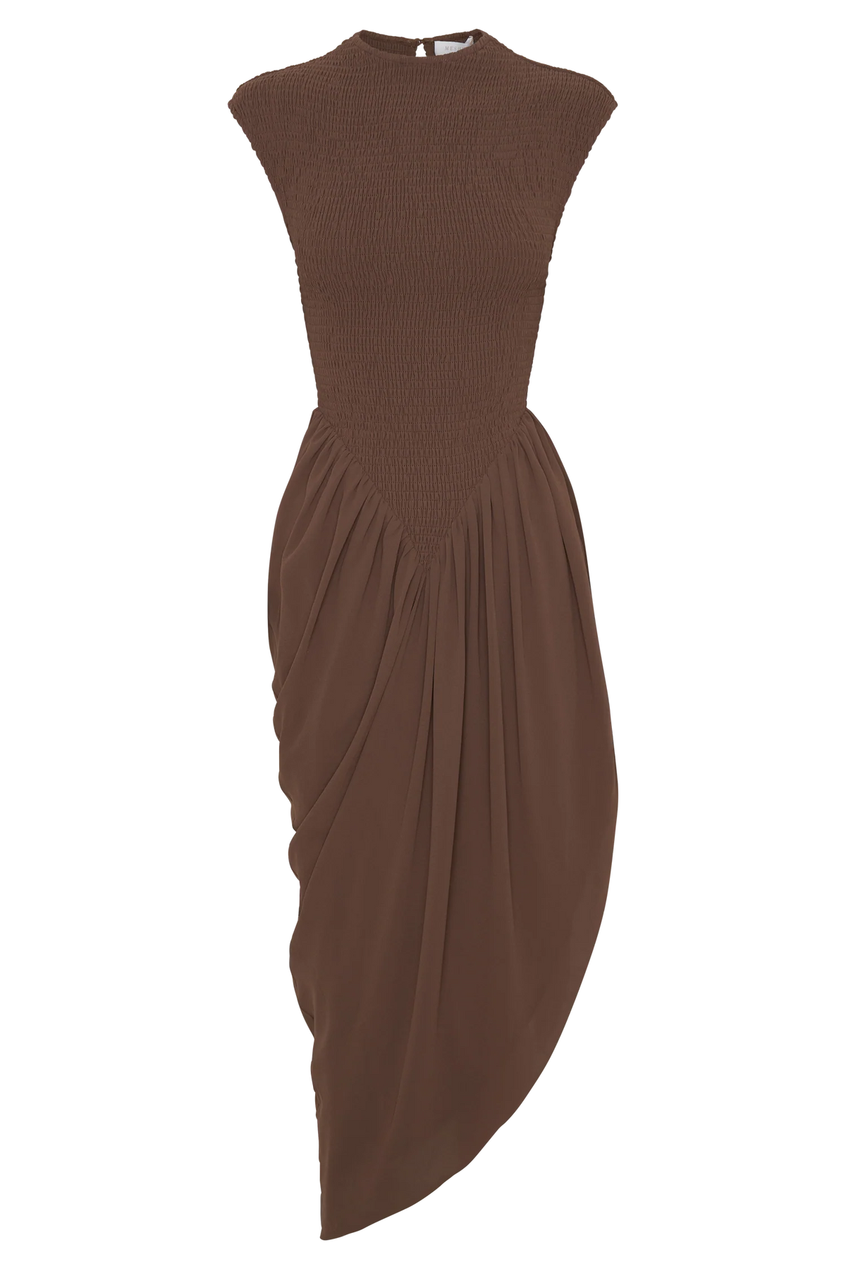 Nola Shirred Asymmetric Midi Dress Mocha