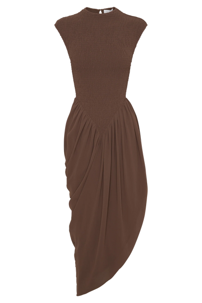 Nola Shirred Asymmetric Midi Dress Mocha