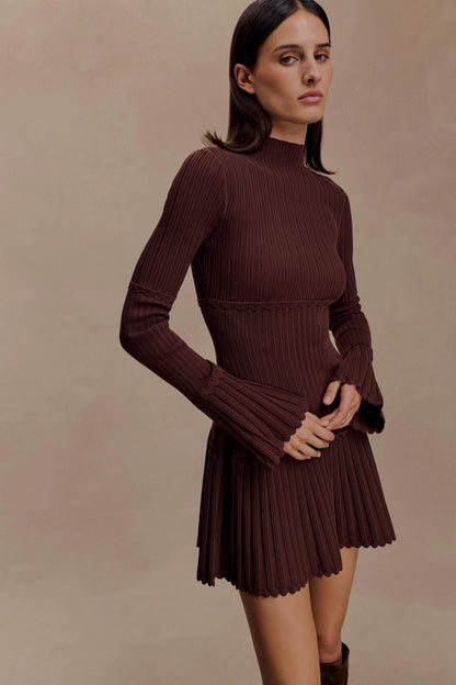 Adena Pointelle Knit Mini Dress Chocolate