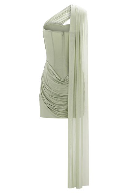 Mattea Slinky And Mesh Mini Dress With Scarf Sage