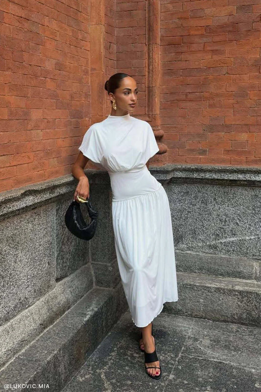 Ailla High Neck Cowl Midi Dress White