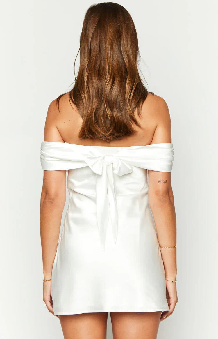 Primrose White Satin Off the Shoulder Mini Dress