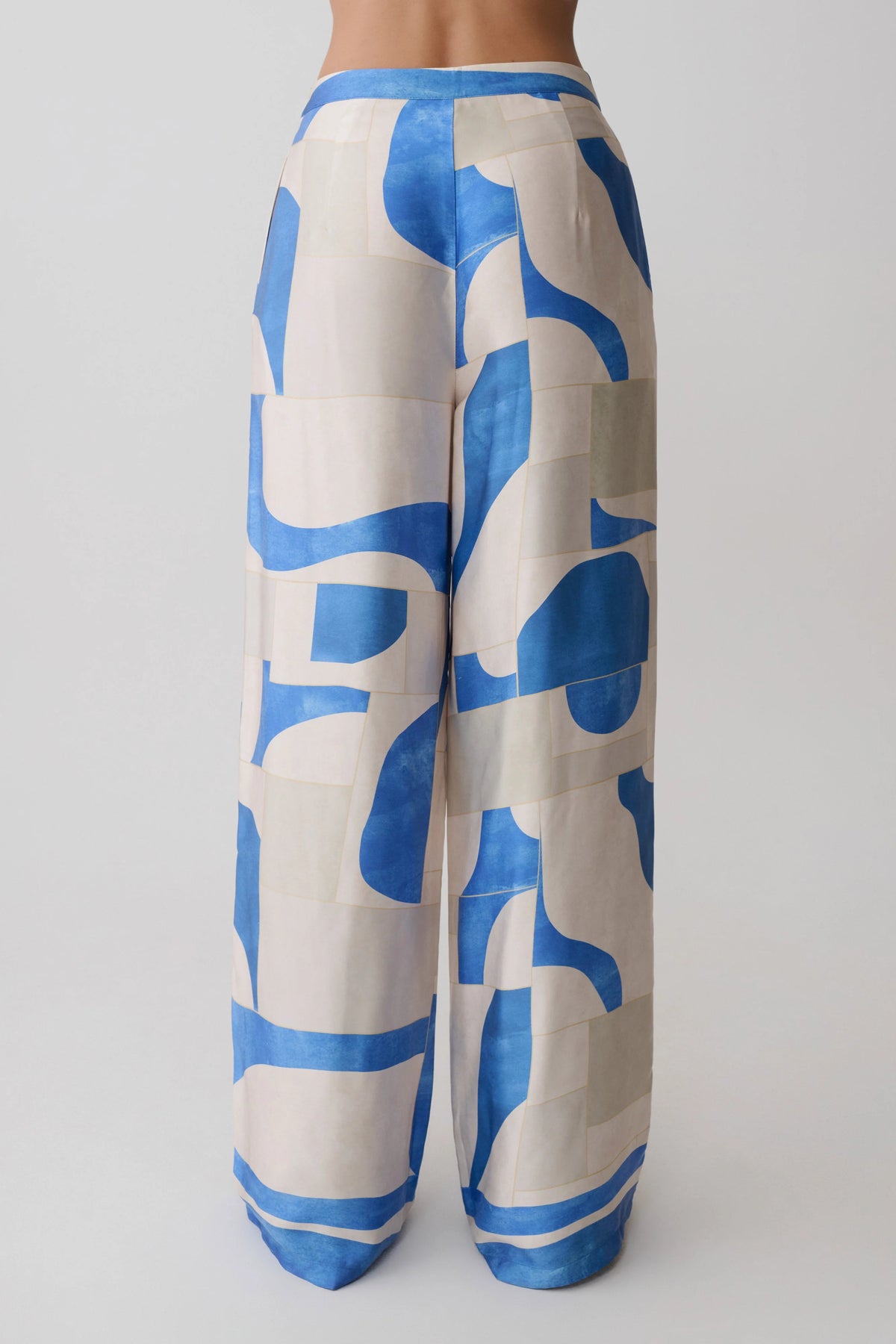 Rachel Satin Straight Leg Pants Blue Geo Tile Print