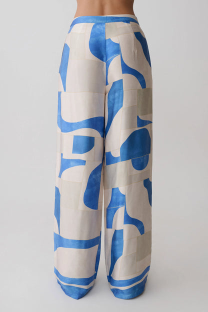 Rachel Satin Straight Leg Pants Blue Geo Tile Print