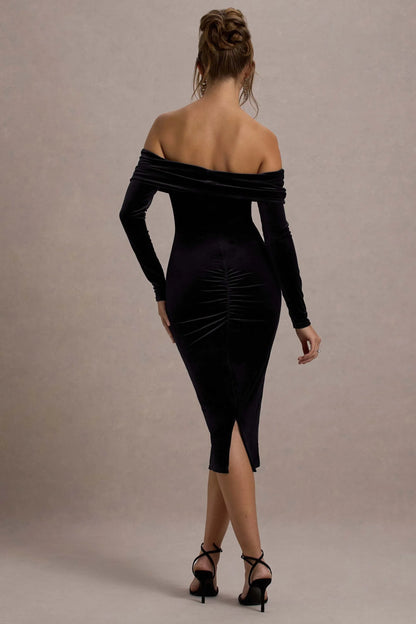 Compliment Black Velvet Bardot Midi Dress