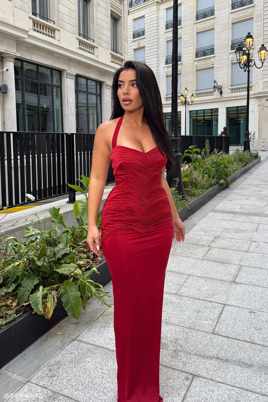 Hoai Gathered Slinky Halter Maxi Dress Deep Red