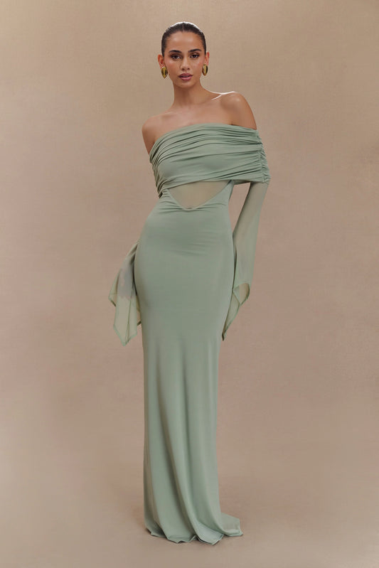 Kaitlin One Shoulder Slinky And Mesh Maxi Dress Basil