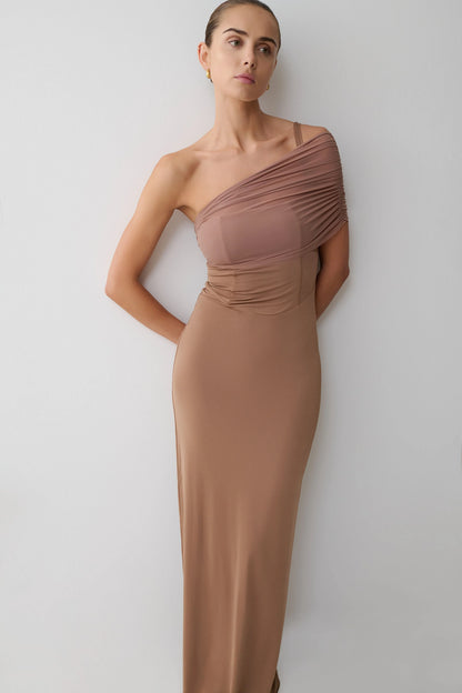 Hanh One Shoulder Mesh Maxi Dress Tan