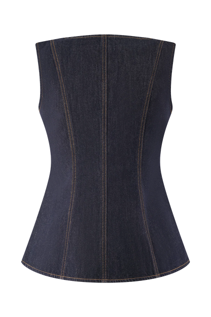Neve Sleeveless Buttoned Denim Top Washed Indigo Blue