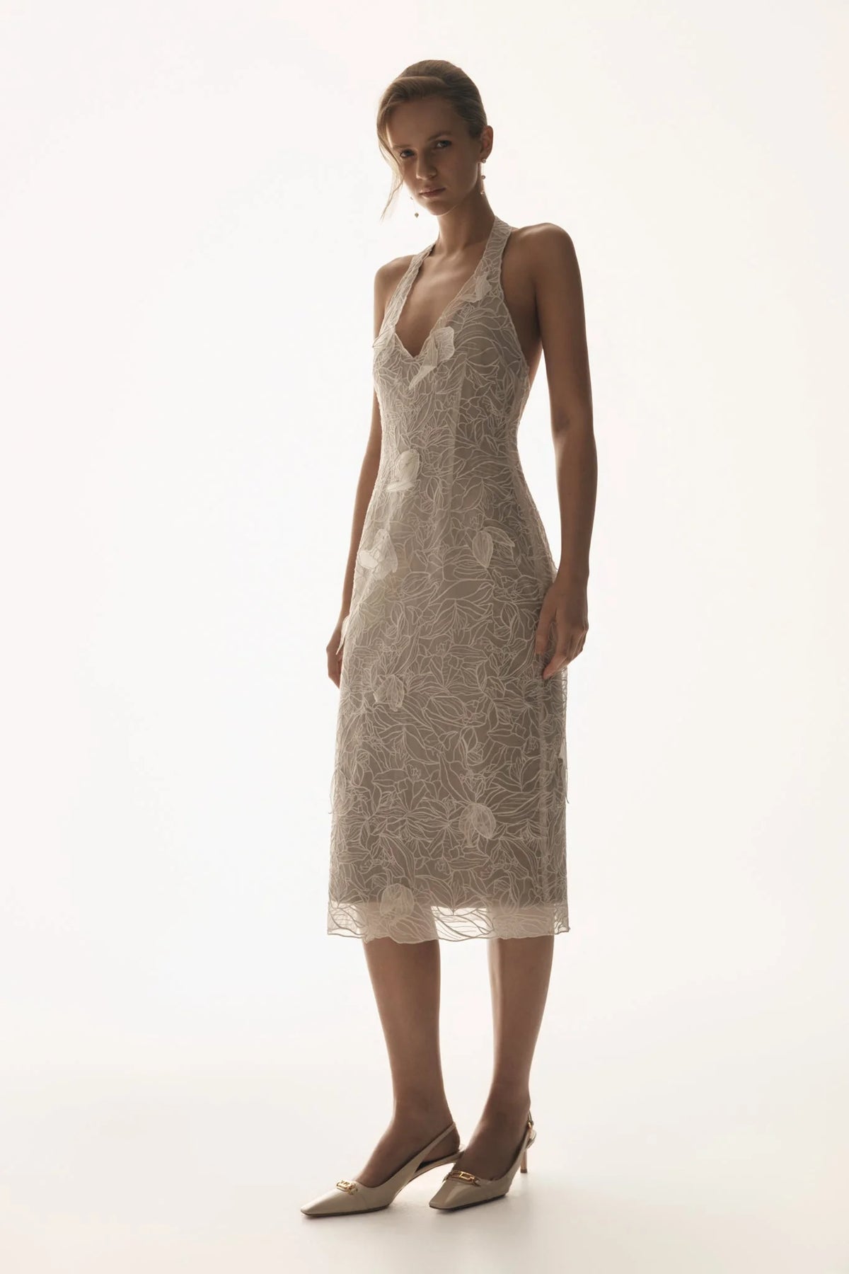 Lenore Silk Lace Halter Midi Dress Ivory