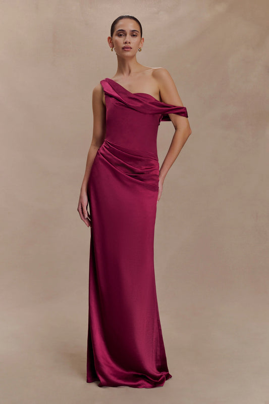 Dalia Off Shoulder Satin Maxi Dress Mahogany