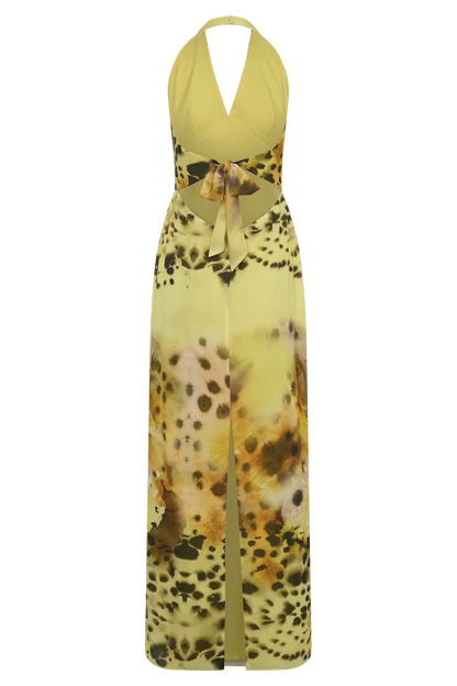 Valentina Chiffon Halter Maxi Dress Yellow Floral Leopard Print