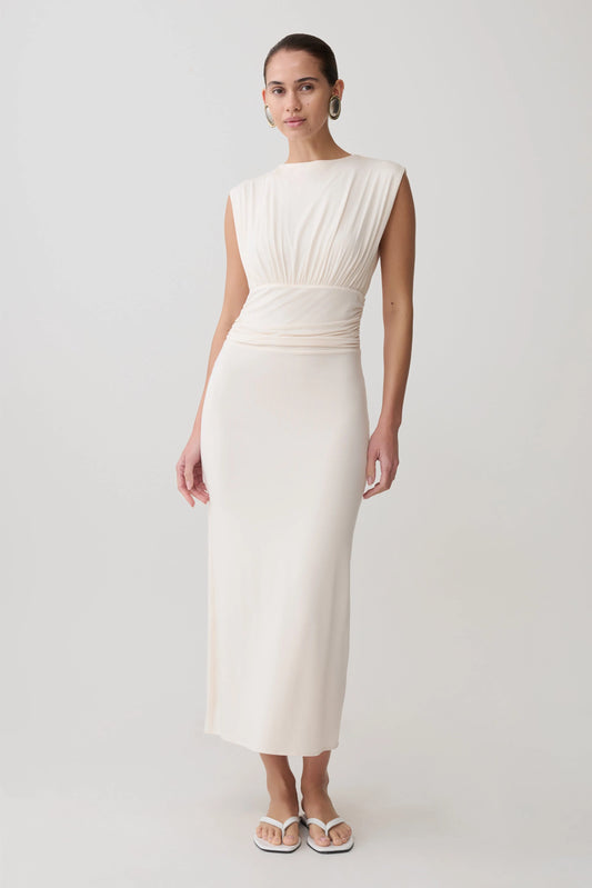 Kura Ruched Modal Sleeveless Midi Dress Ivory