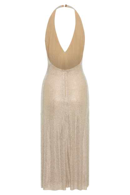 Genie Diamante Halter Midi Dress Nude