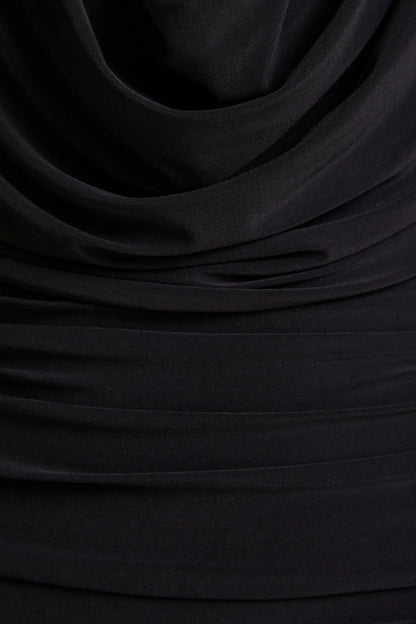 Griselda Black Plunge Neck Midi Dress With Sheer Long Sleeves