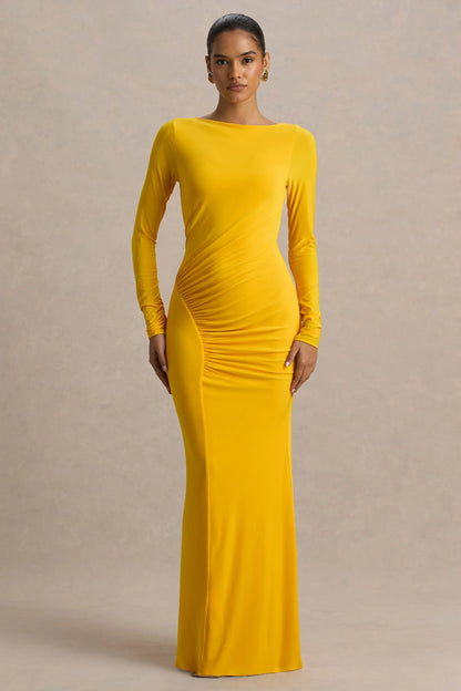 Diva Yellow Slashed Neck Maxi Dress With Ruched Detailing