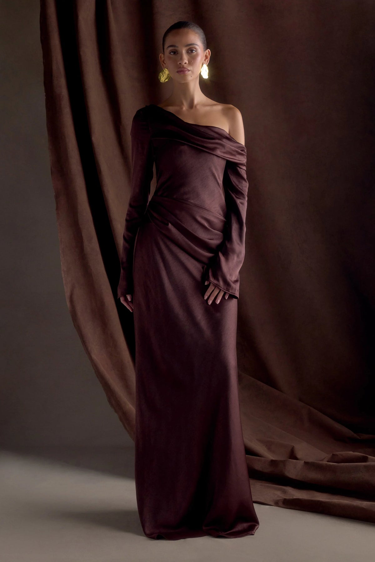 Iris Long Sleeve Satin Maxi Dress Dark Chocolate