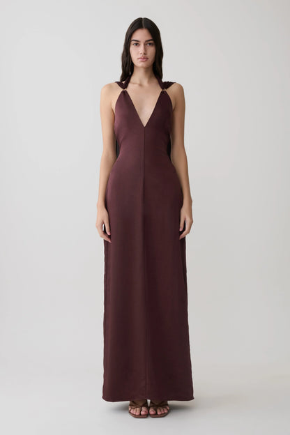 Myla Draped Shoulders Satin Maxi Dress Chocolate