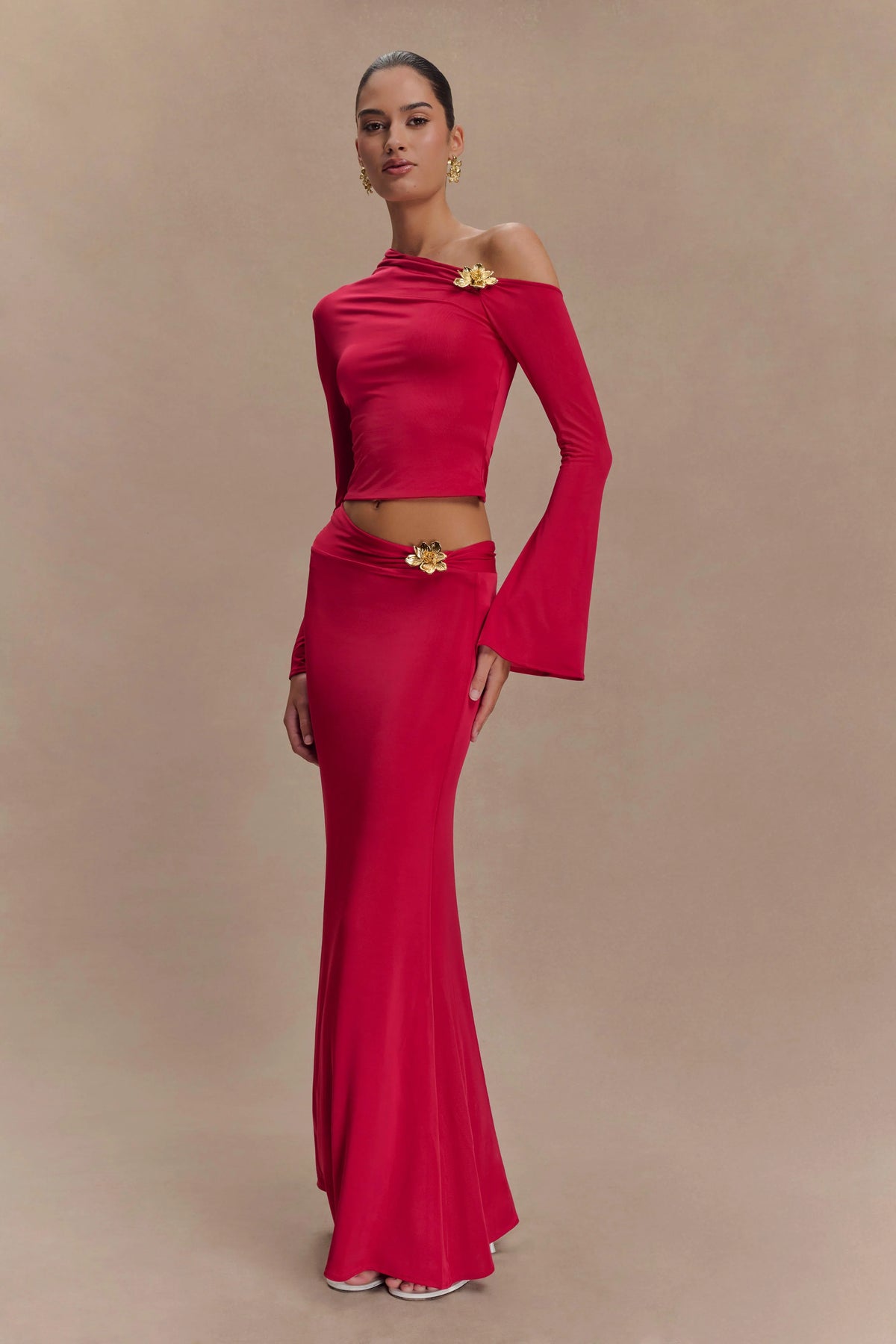 Ainsley Asymmetrical Maxi Skirt With Floral Hardware Fuchsia Pink