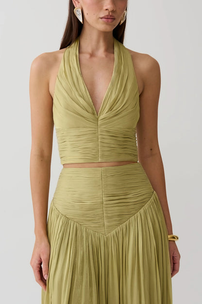 Makena Gathered V Neck Top Green
