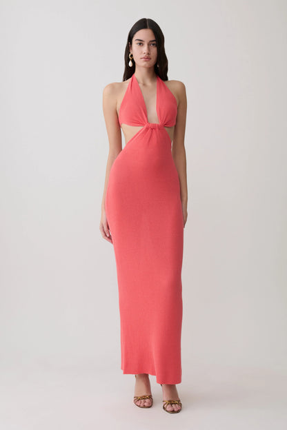 Theresea Halter Knit Maxi Dress Coral