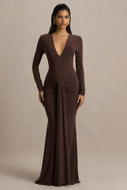 Saffie Chocolate Extreme Plunge Wrap Maxi Dress With Long Sleeves And Ruched Detailing