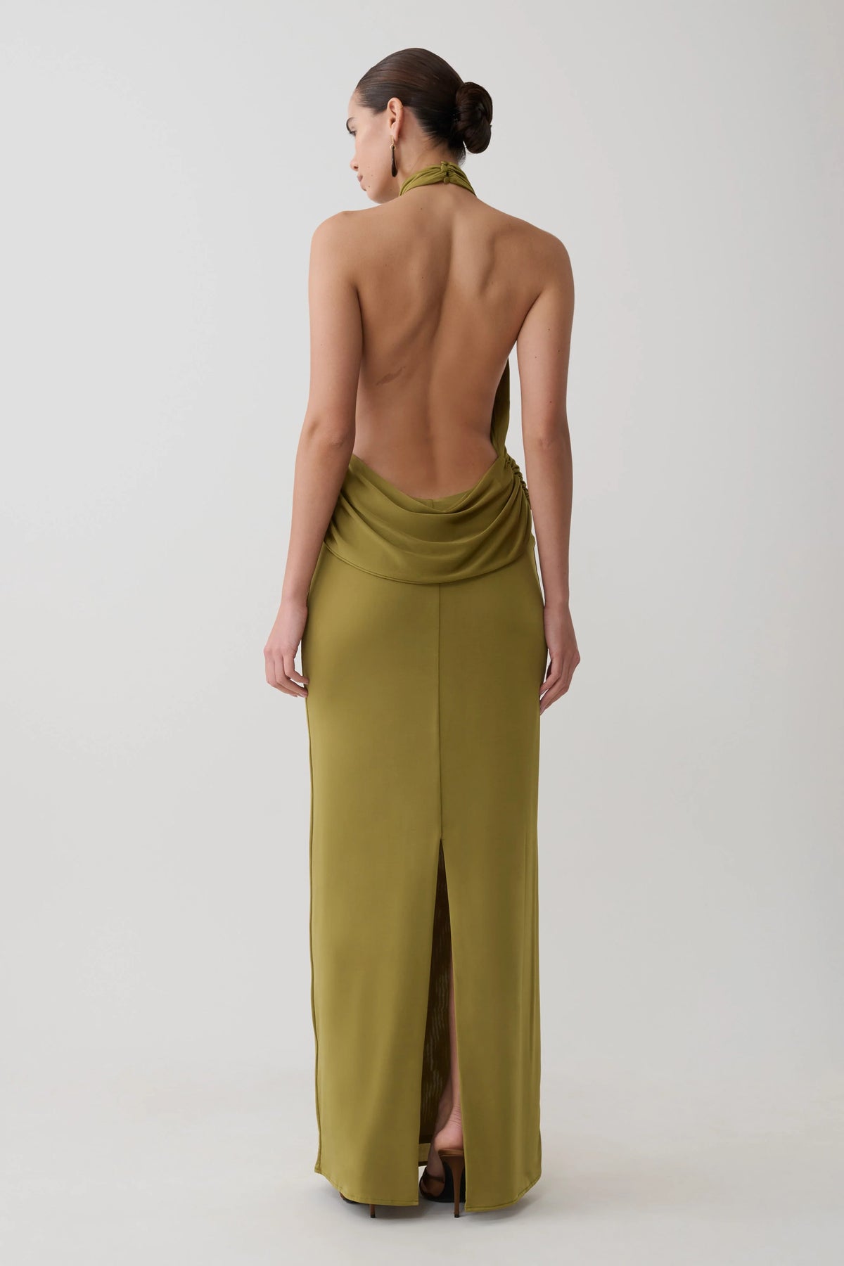 Joan Halter Neck Slinky Maxi Dress Martini Olive